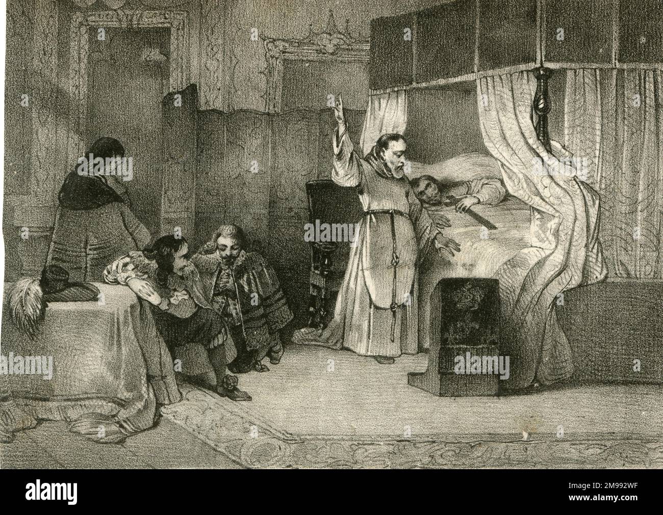 Der Heilige Franziskus von Paola, italienischer Mönch und Gründer des römisch-katholischen Ordens der Minims, hier am Sterbebett von König Ludwig XI. Von Frankreich gesehen. Stockfoto