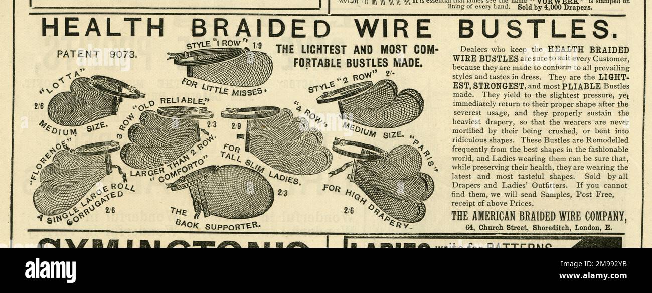 Werbespot, Health Braided Wire Bustles, Oktober 1888. Stockfoto