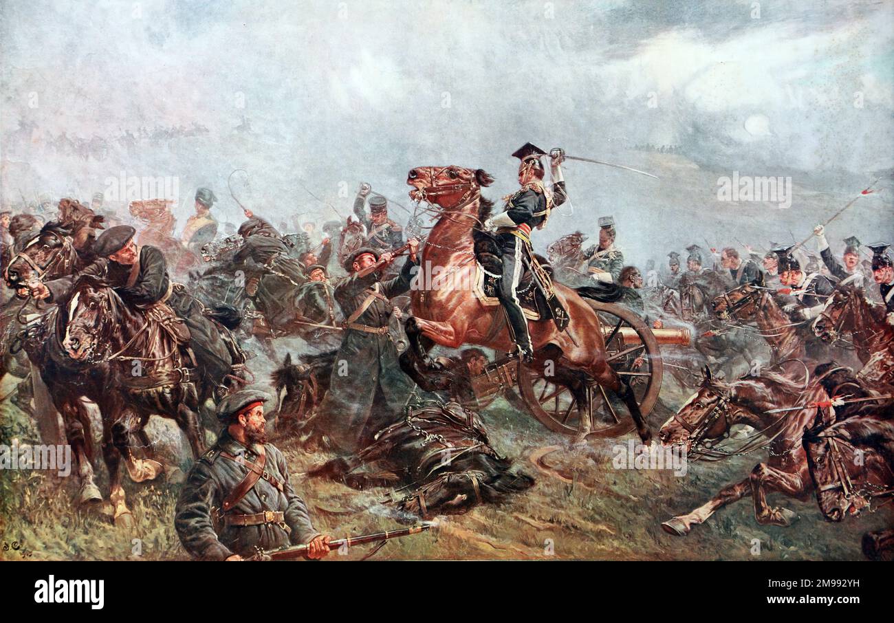 In das Tal des Todes - die 17. Lancers während des Angriffs der Lichtbrigade in Balaclava am 25. Oktober 1854 während des Krim-Krieges - von John Charlton. Stockfoto