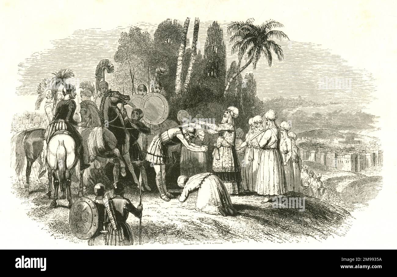 Treffen von Alexander dem Großen mit dem jüdischen Hohepriester in Jerusalem. Stockfoto