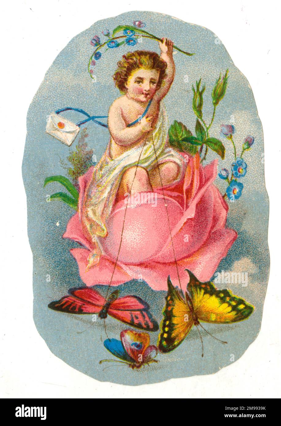„Christmas Cracker Label“, „Cherub with Love Letter“ oder „Valentine's Card“ in einer rosa Rose, die von Schmetterlingen gezogen wird. Stockfoto