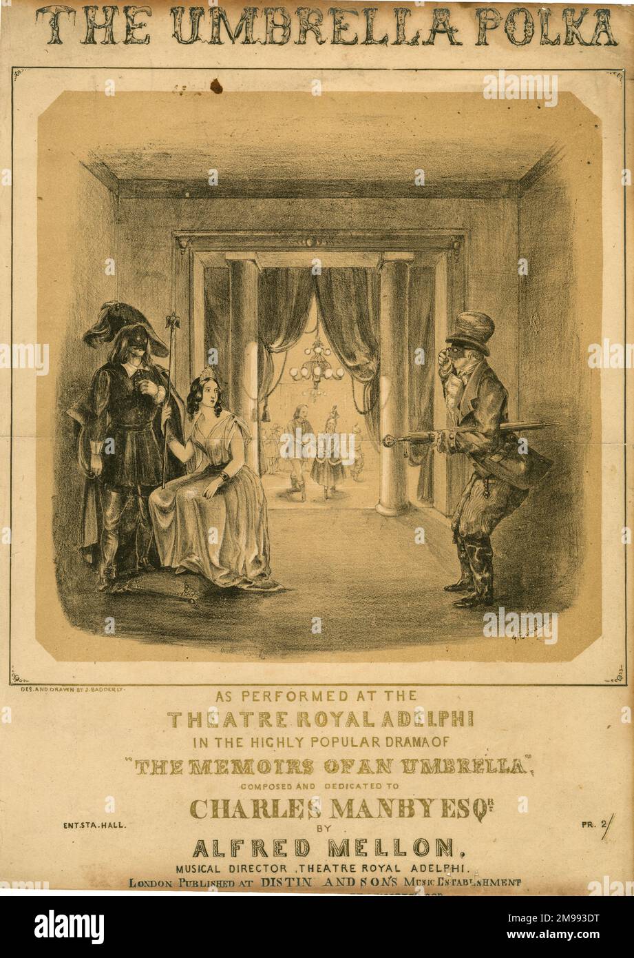 Musikcover The Umbrella Polka von Charles Manby und Alfred Mellon, aufgeführt im Theatre Royal, Adelphi, London. Stockfoto