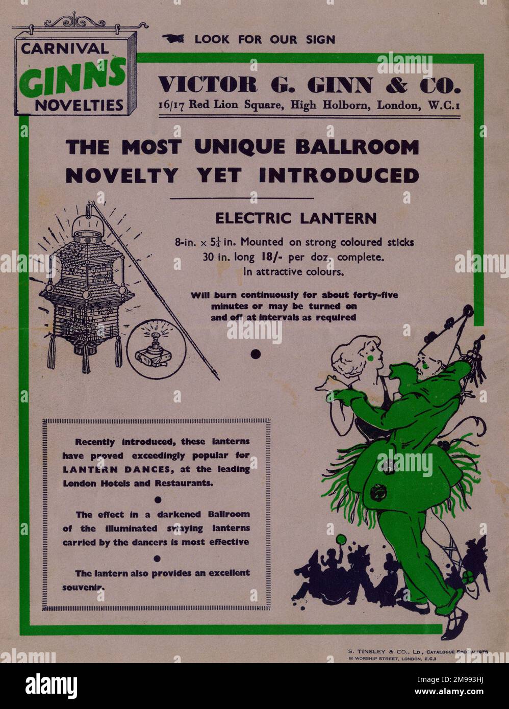 Victor G Ginn & Co, High Holborn, London, Katalog (Rückseite). Werbung für die bisher einzigartigste Neuheit im Ballsaal - eine elektrische Laterne für Laternen. Stockfoto