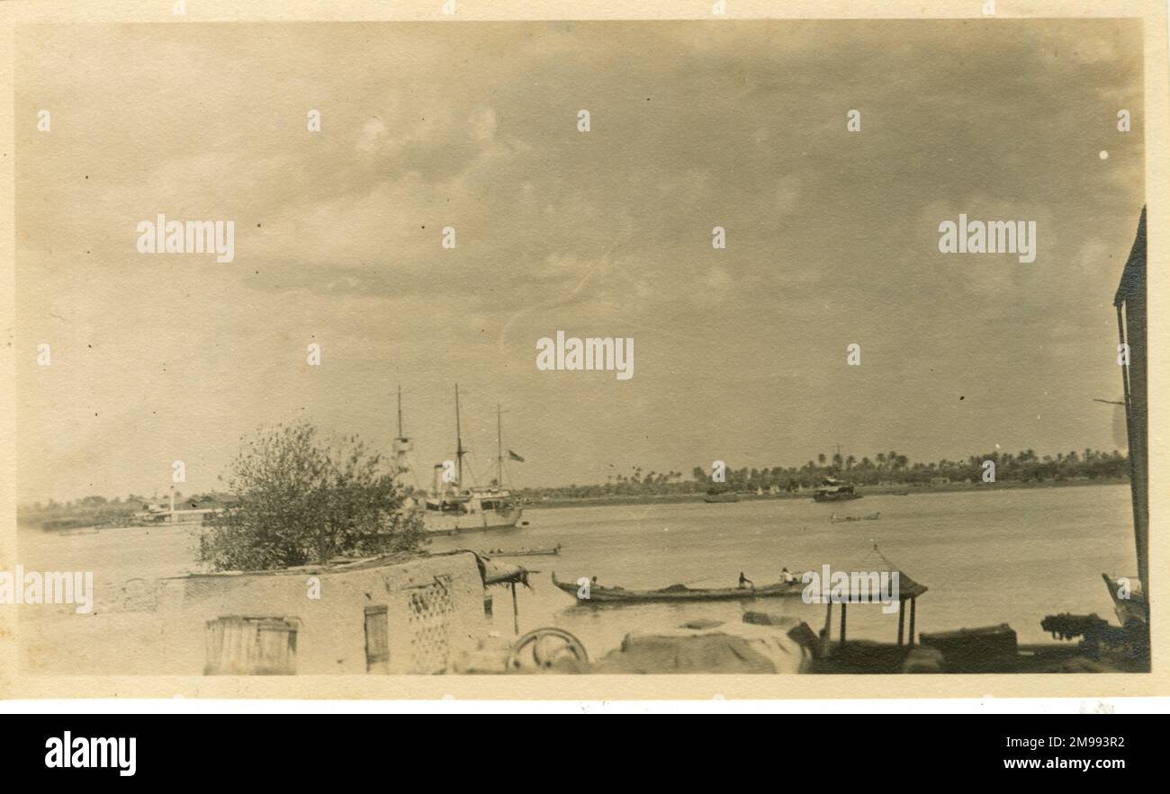 Basra, Irak - Blick von Lychs Verandah, HMS Odin im Shatt El Arab Waterway. Stockfoto