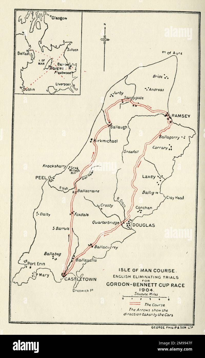 Early Motor Car Racing - Isle of man Course, English Eliminating Trials, Gordon-Bennett Cup-Rennen von 1904. Stockfoto