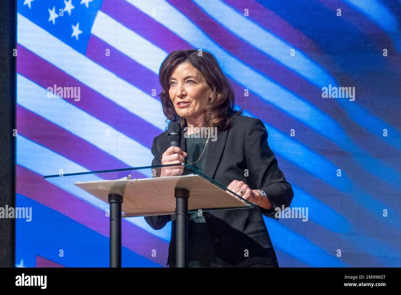 New York, Usa. 15. Januar 2023. New Yorker Gouverneur Kathy Hochul argumentiert, dass Hector LaSalle den höchsten Platz in der Primitive Christian Church verdient. Gouverneur Hochul berichtete am Sonntag auf die BürgerrechtsIkone Martin Luther King Jr., als sie bei Richter Hector LaSalle als ihre umstrittene Wahl zum Obersten Staatsrichter stand. (Foto: Ron Adar/SOPA Images/Sipa USA) Guthaben: SIPA USA/Alamy Live News Stockfoto