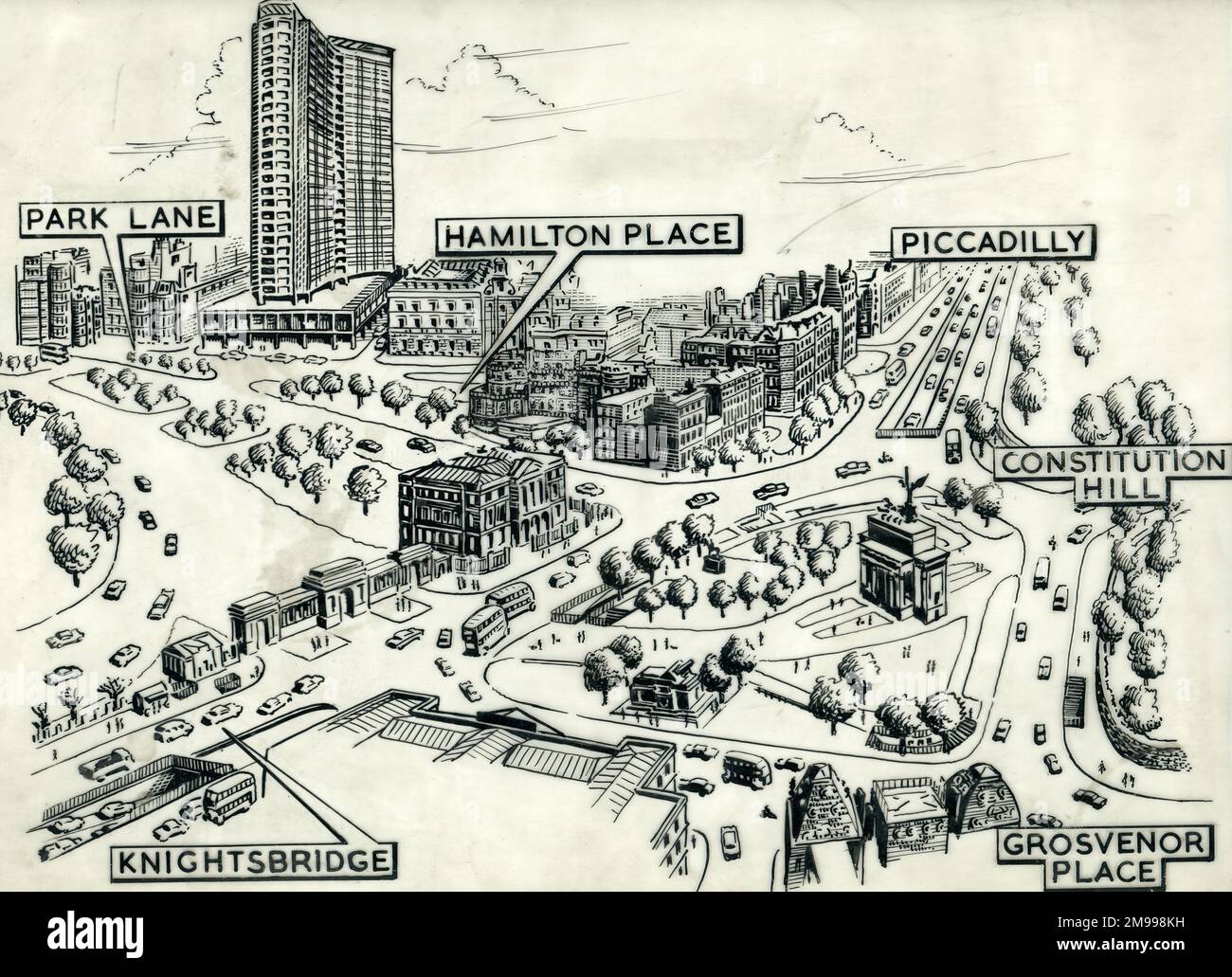 Zeichnung der Hyde Park Corner nach 1963, aber vor dem Bau des InterContinental Hotels ab 1968. Stockfoto