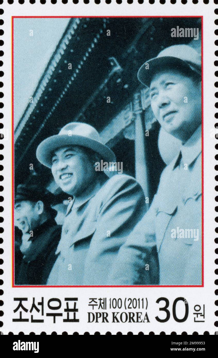 2011 Nordkorea Stempelsatz. China-Freundschafts-Problem. Kim Il Sung und Mao Zedong Stockfoto