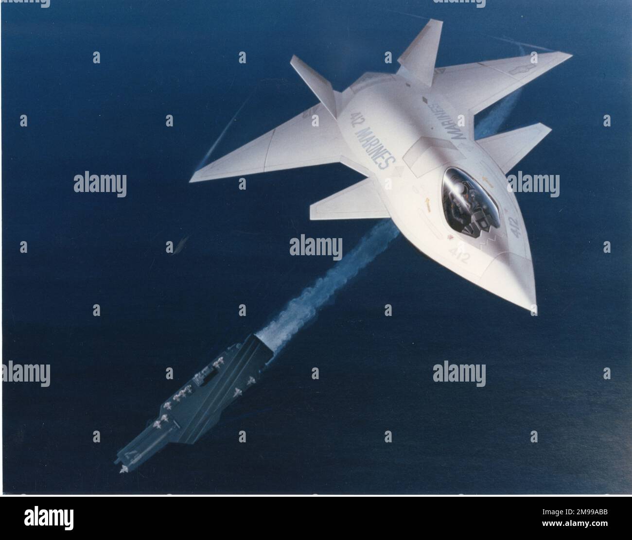 Ein Künstlereindruck eines Lockheed Martin Multi-Service Strike Fighters, der im August 1994 in einem Vertrag mit der Advanced Research Projects Agency (ARPA) für ein Demonstrationsprogramm X-32 entwickelt wurde. Stockfoto