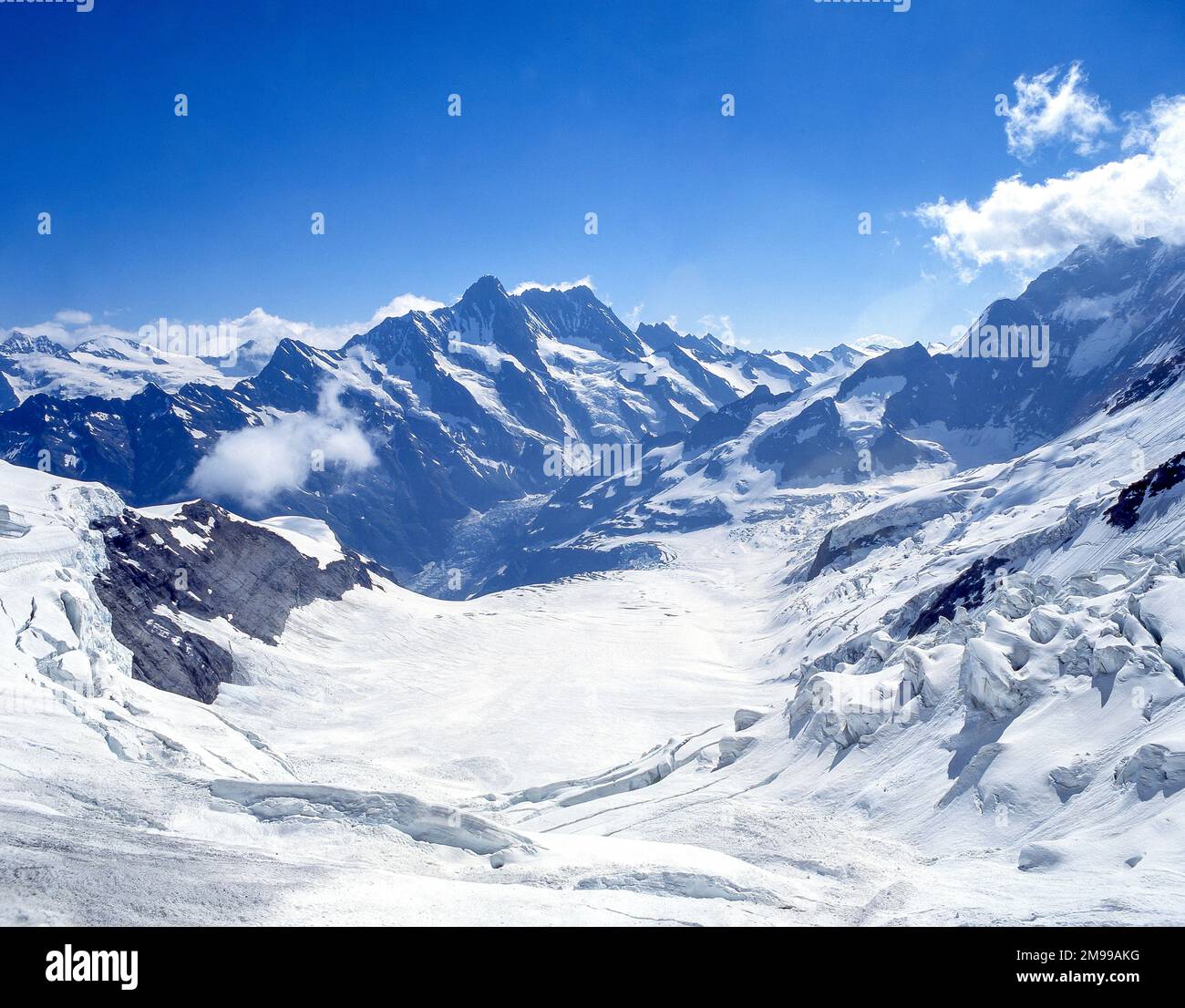 Blick über den Aletsch-Gletscher und die Concordia vom Gipfel der Jungfrau, der Berner Alpen, Bern, der Schweiz Stockfoto