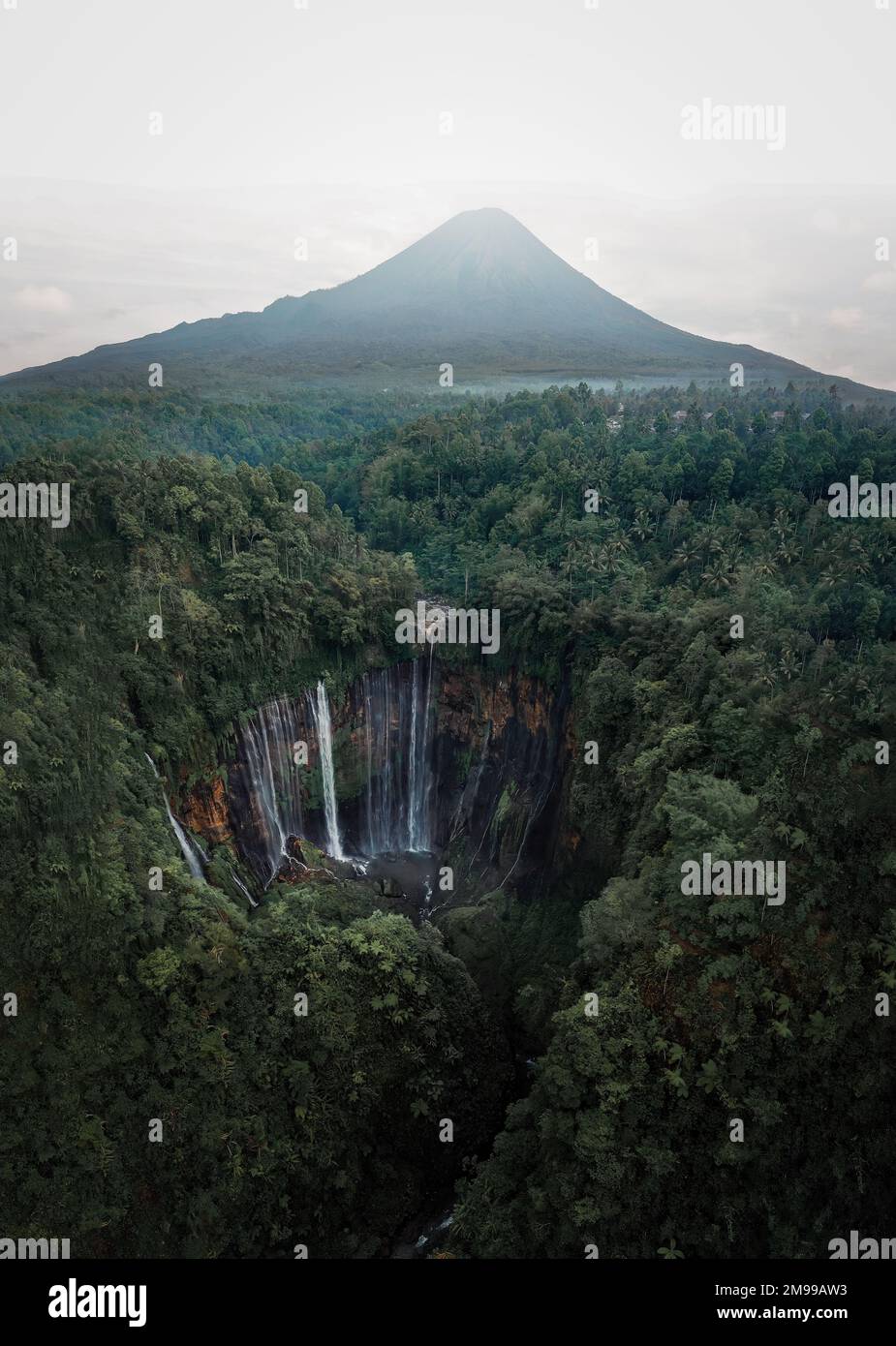 Blick von oben, atemberaubender Blick auf die Tumpak Sewu Wasserfälle, auch bekannt als Coban Sewu, mit Wolken, die sich aus dem Canyon erheben. Stockfoto