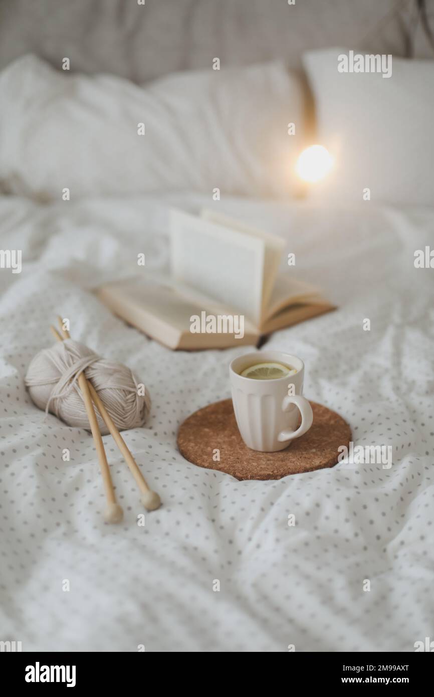Gemütlicher Winterhintergrund mit Buch, Teetasse und Stricknadeln in warmer weicher Bettdecke. Süßes Zuhause. Stockfoto