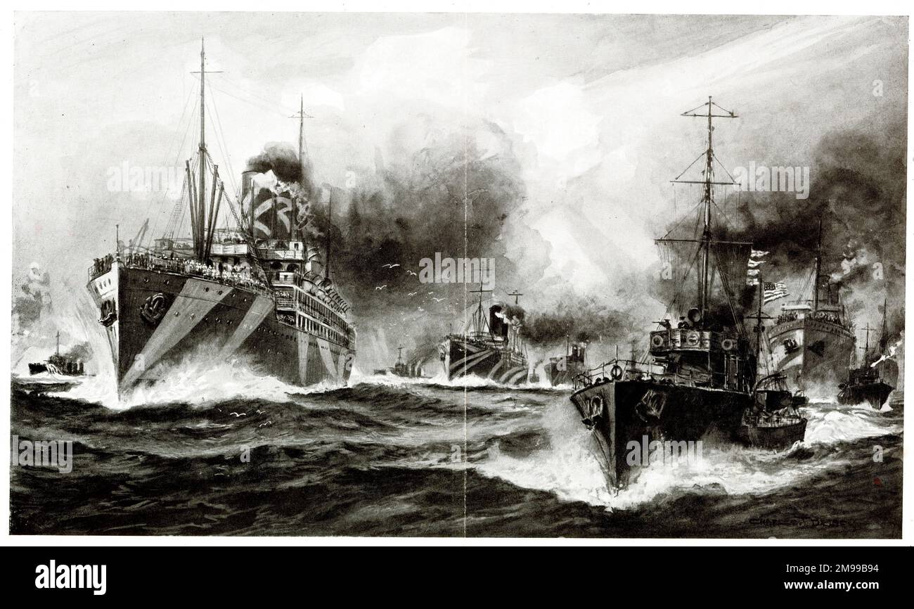 Britische und amerikanische Kriegsschiffe, die während des Ersten Weltkriegs amerikanische Truppen nach Europa transportieren. Stockfoto