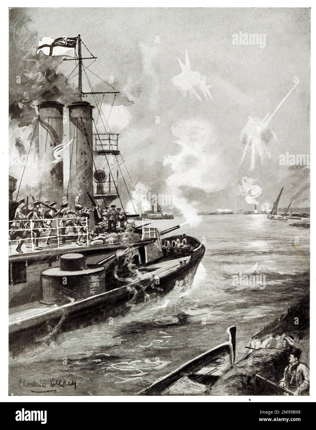Britische Marine greift türkische Streitkräfte auf dem Fluss Tigris an, erster Weltkrieg. Stockfoto