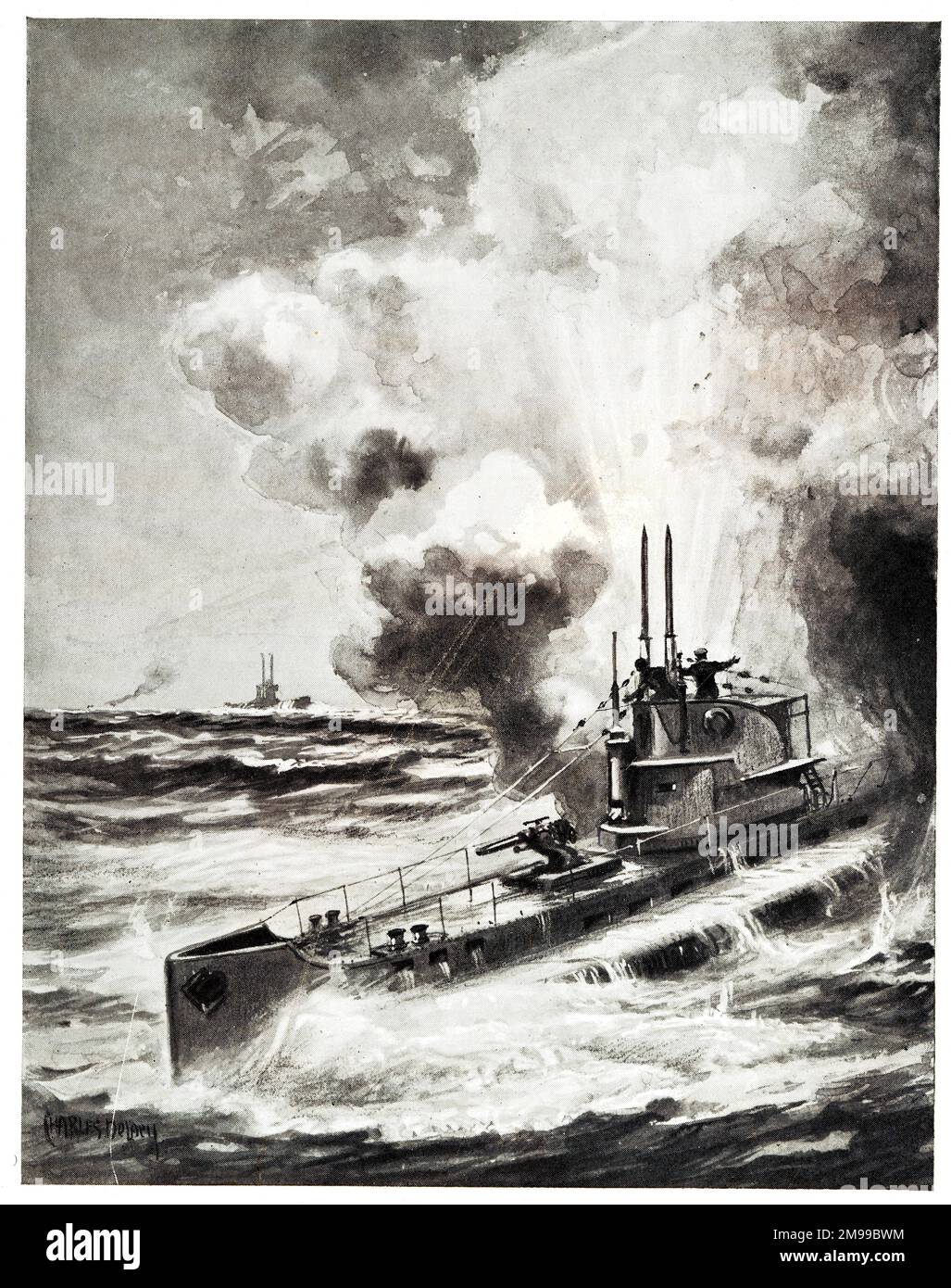 E-Boot bringt U-Boot zur Bucht, erster Weltkrieg. Stockfoto