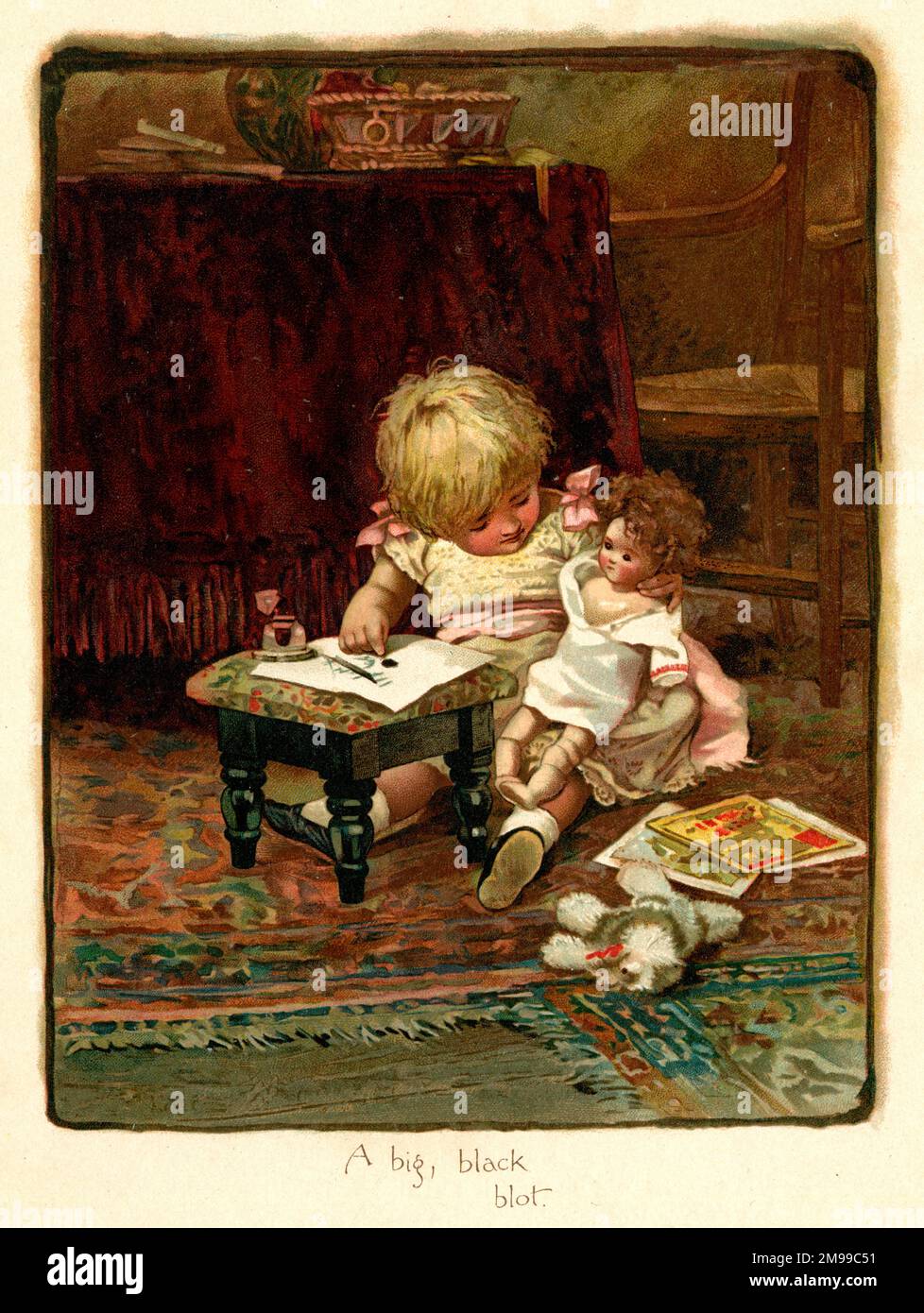 Illustration, Ein großer schwarzer Blot - Mädchen und Puppe. Stockfoto