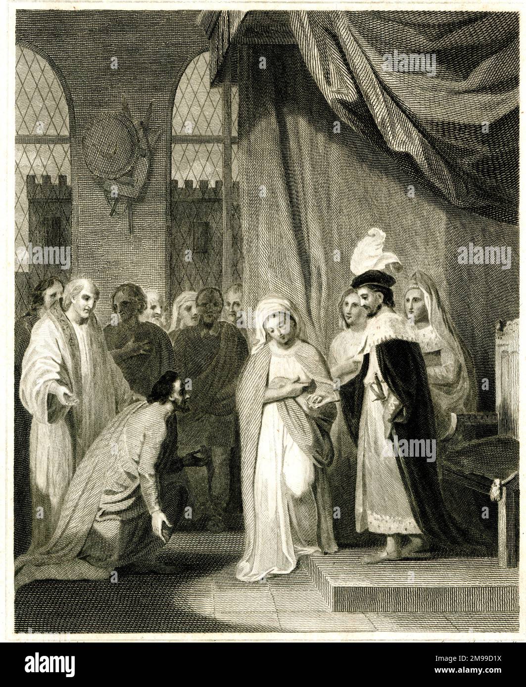 Robert der Bruce, König der Schotten, präsentiert seine Schwester Mary Bruce in der Ehe mit Sir Neil Campbell, einer seiner treuen Anhänger. Stockfoto