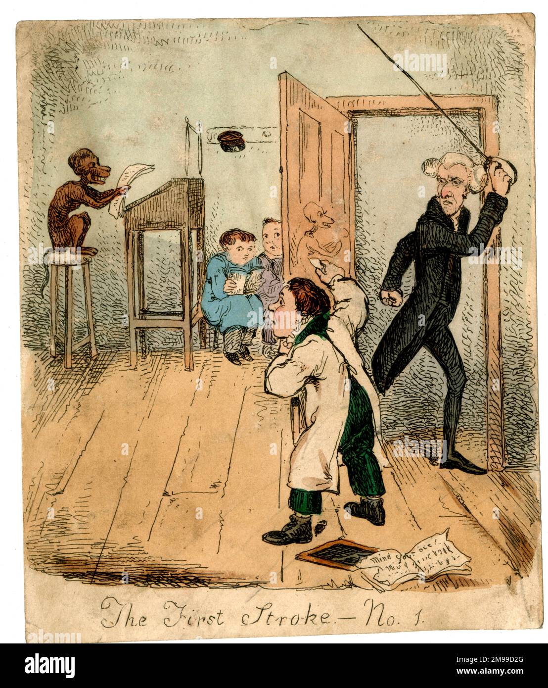 Cartoon, der erste Schlaganfall Nr. 1 - Szene in einem Schulzimmer mit Lehrer und Schüler. Stockfoto