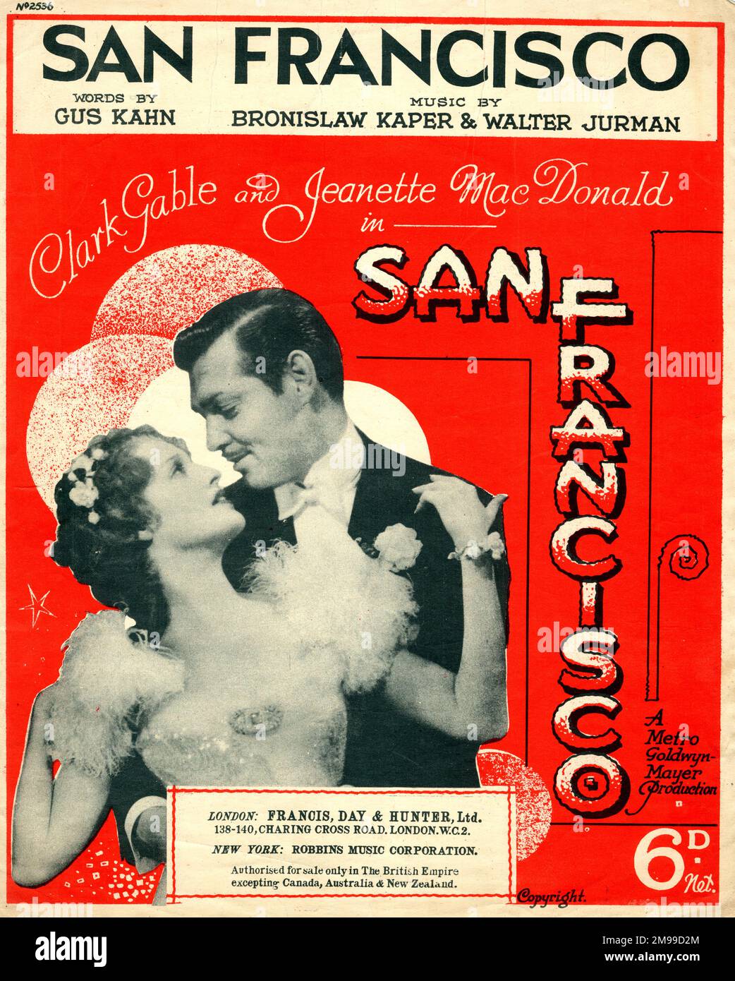Titelseite, Clark Gable und Jeanette MacDonald in San Francisco, Words von Gus Kahn, Musik von Kaper und Jurman. Stockfoto