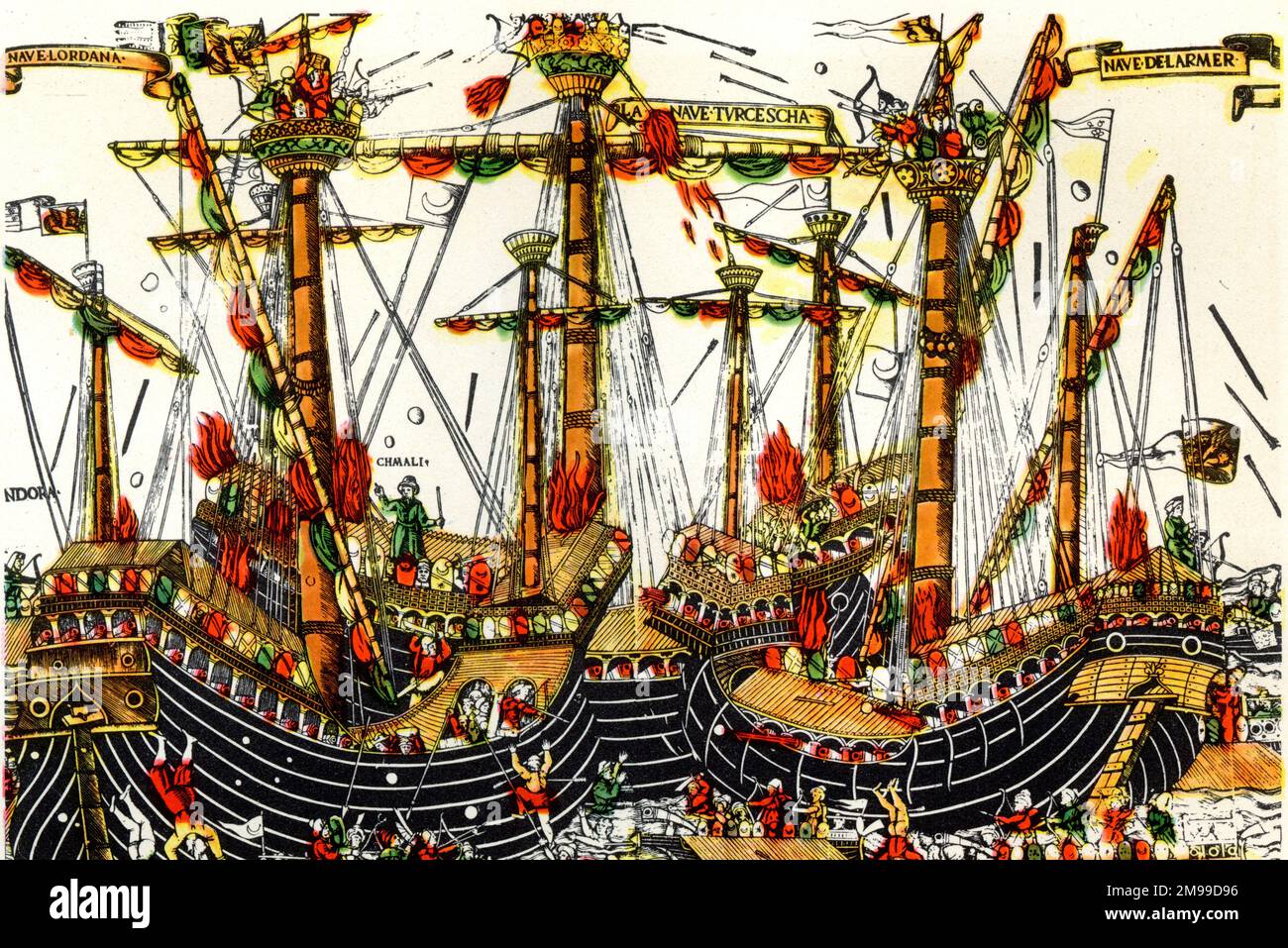 Die Schlacht von Zonchio, auch bekannt als Schlacht von Sapienza oder die erste Schlacht von Lepanto, August 1499, während des Osmanisch-Venezianischen Krieges (1499-1503). Stockfoto