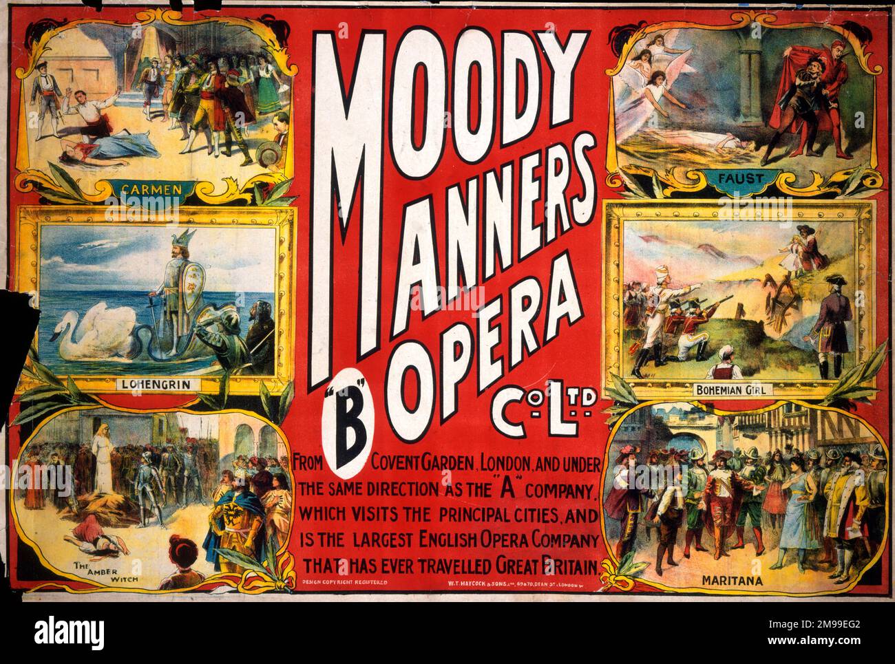 Theaterposter, Moody Manners Opera Company, aus Covent Garden, London, auf einer Reise zu den wichtigsten Städten mit Produktionen wie Carmen, Lohengrin und Faust. Stockfoto