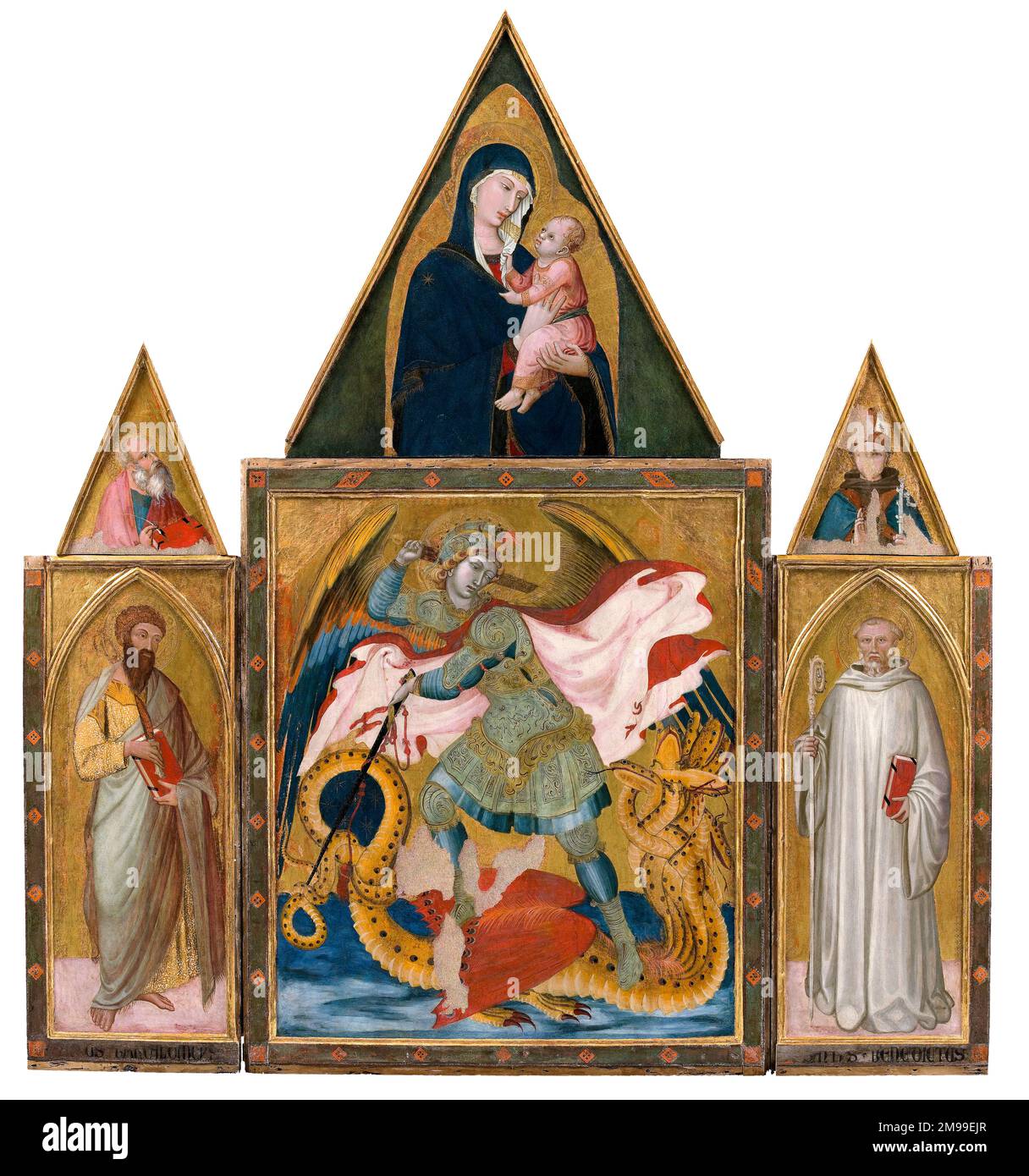 Ambrogio Lorenzetti. Rofeno Abbey Poliptych (Heiliger Michael, der Erzengel, der den Drachen zwischen den Heiligen Bartholomäus und Benedikt tötet; Madonna mit Kind, Heiliger Johannes, der Evangelist und Heiliger Ludwig von Tolouse) von Ambrogio Lorenzetti (Ambruogio Laurati: c.1290-1348), Tempera an der Tafel, 1342 Stockfoto