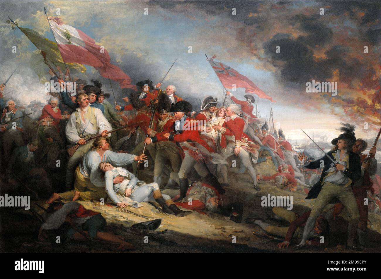 Die Schlacht von Bunker Hill, 17. Juni 1775 von John Trumbull, Öl auf Leinwand, 1786. Das Gemälde zeigt den Moment, als der amerikanische Major General Joseph Warren tödlich von einer Musketen-Kugel verwundet wurde und vor dem Bajonett des britischen Major John Small bewahrt wurde. Stockfoto