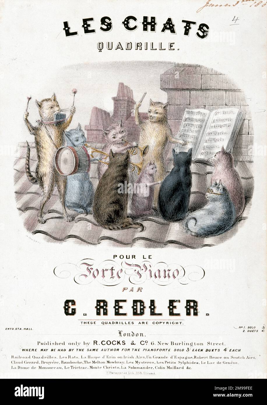 Musikcover, Les Chats Quadrille, The Cats Quadrille für Klavier, komponiert von C Redler. Stockfoto