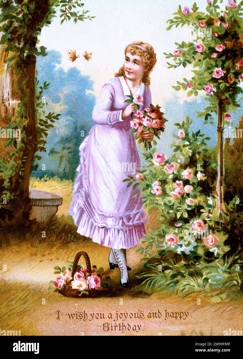 Viktorianische Geburtstagskarte aus Seide, Mädchen pflückt Rosen. Stockfoto