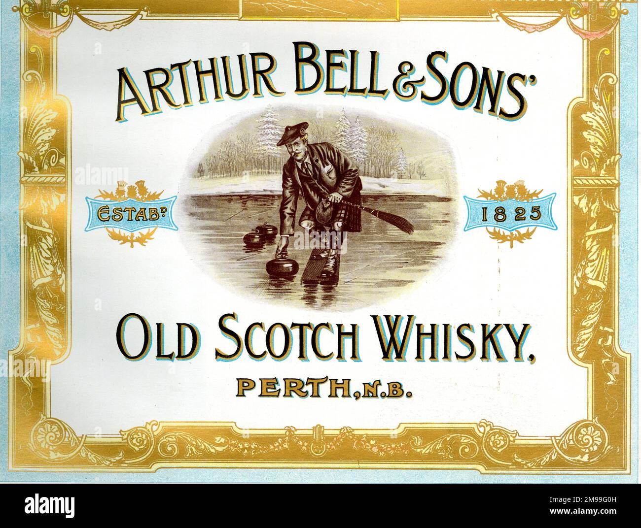 Werbung für Arthur Bell & Sons, Old Scotch Whisky, Perth, Schottland, mit Curling-Szene. Stockfoto