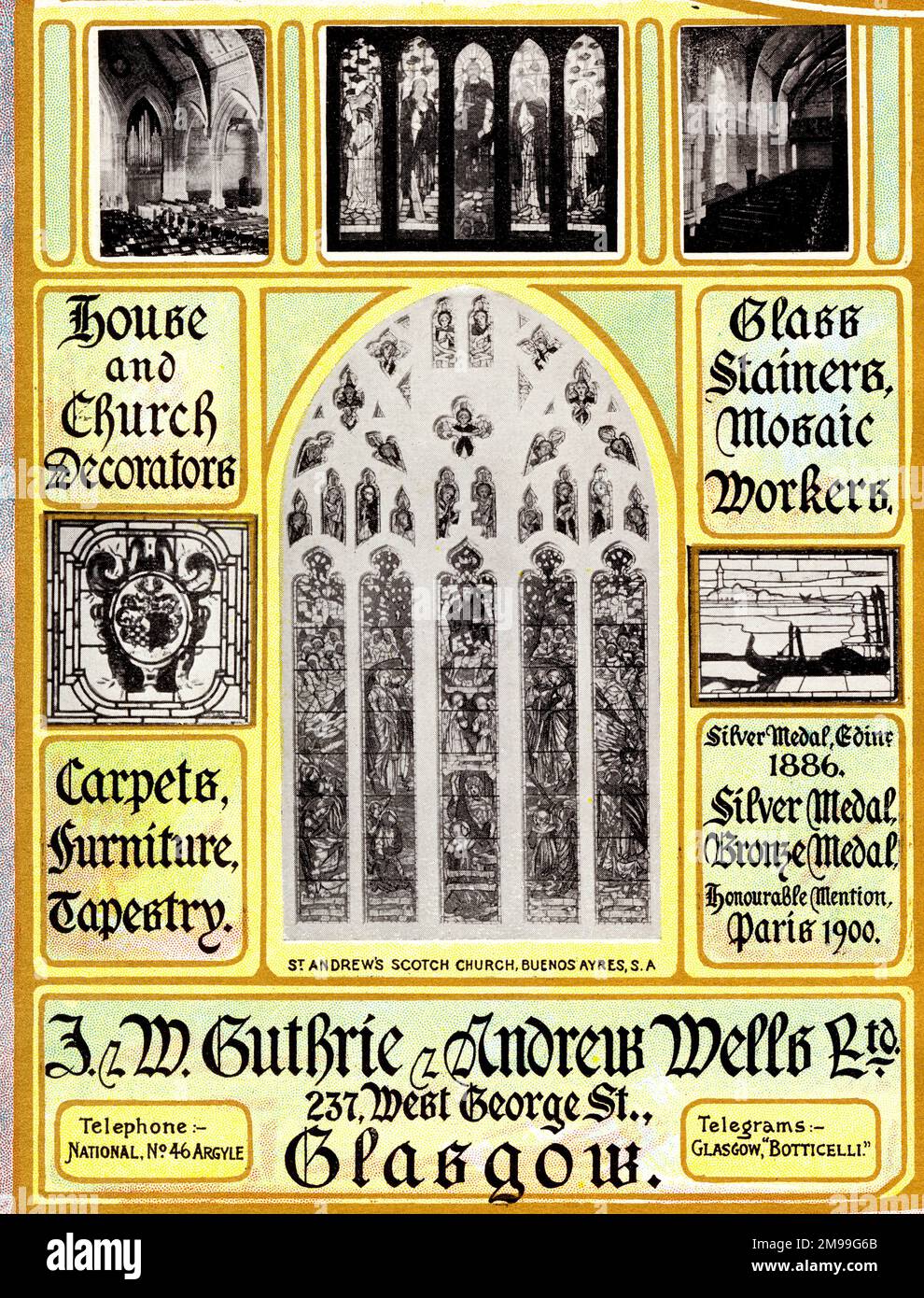 Werbung für J & W Guthrie & Andrew Wells, Buntglasfenster und Mosaiken, West George Street, Glasgow, Schottland. Stockfoto