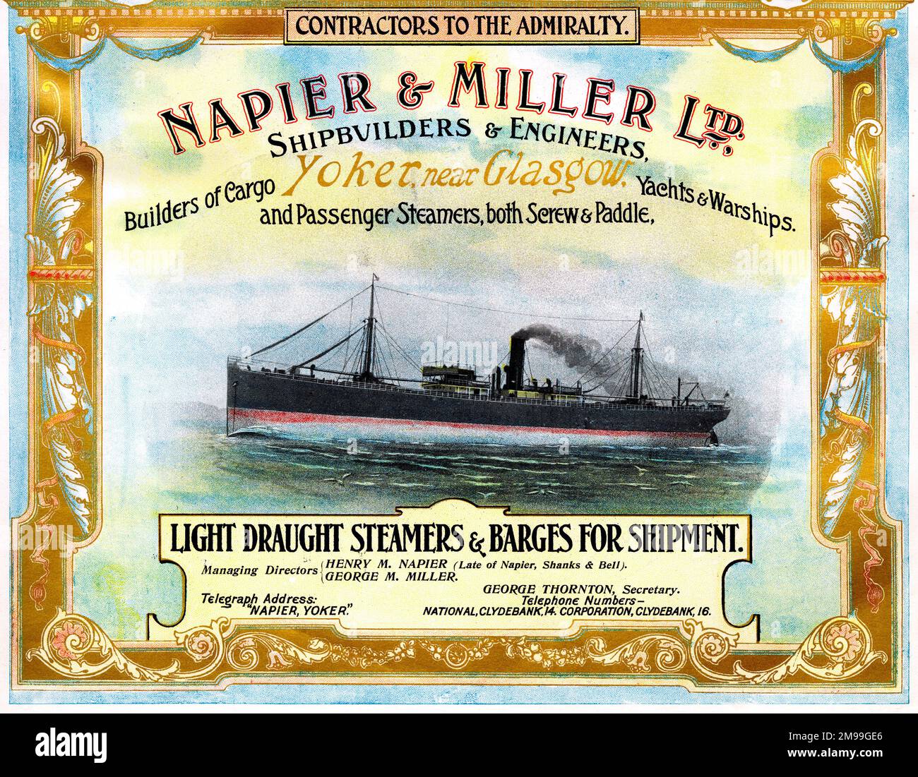 Anzeige für Napier & Miller Ltd, Shipbuilders and Engineers, Yoker, Near Glasgow, Schottland. Stockfoto