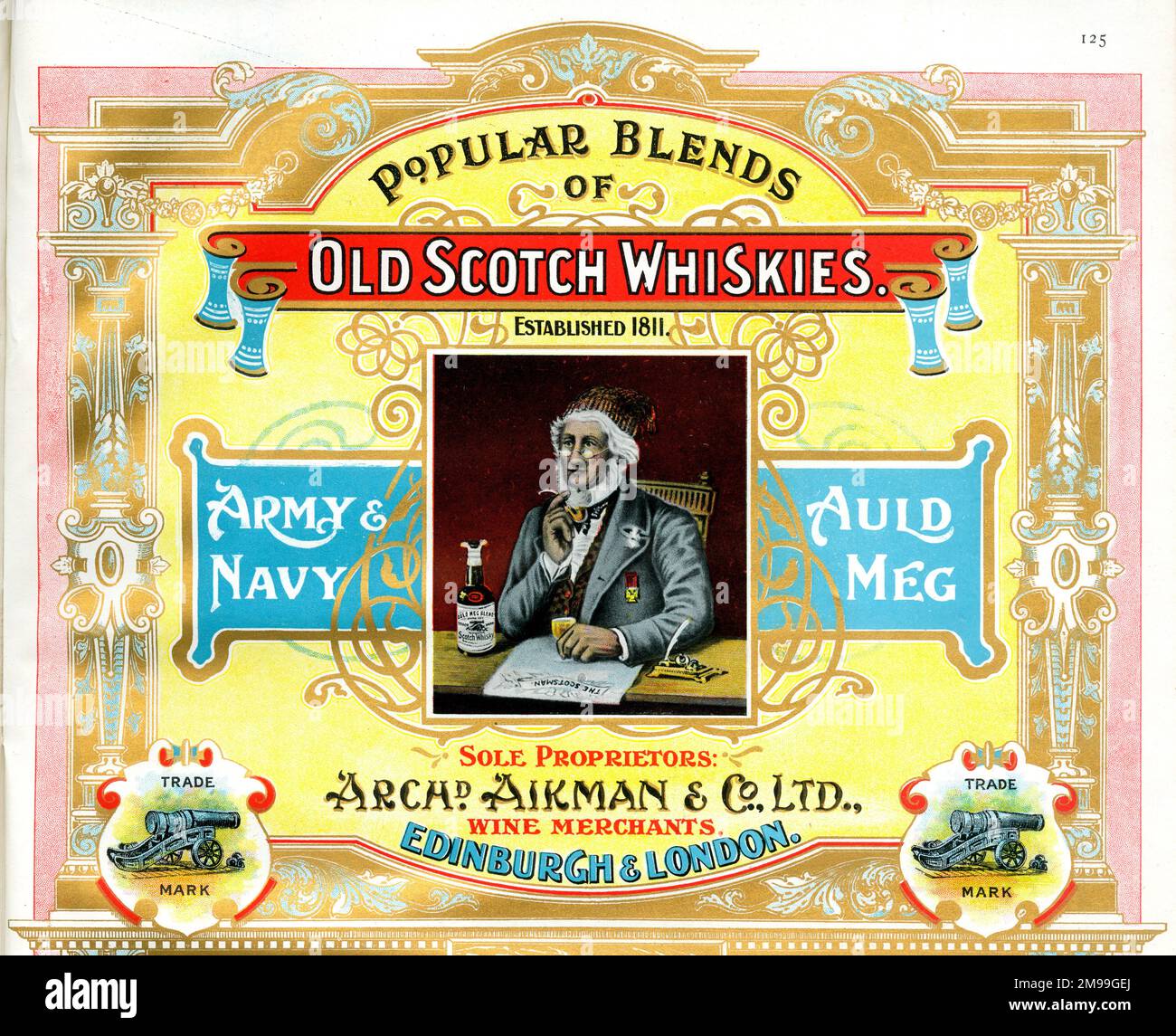Werbung für Old Scotch Whiskies, Archibald Aikman & Co Ltd Wine Merchants, Edinburgh und London. Stockfoto