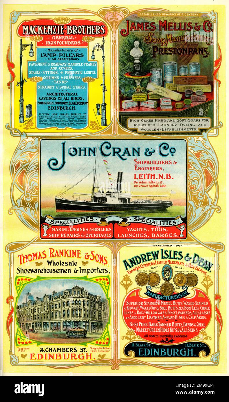 Werbung für Mackenzie Brothers, James Mellis & Co, John Cran & Co, Thomas Rankine & Sons und Andrew Isles & Dean, Schottland. Stockfoto