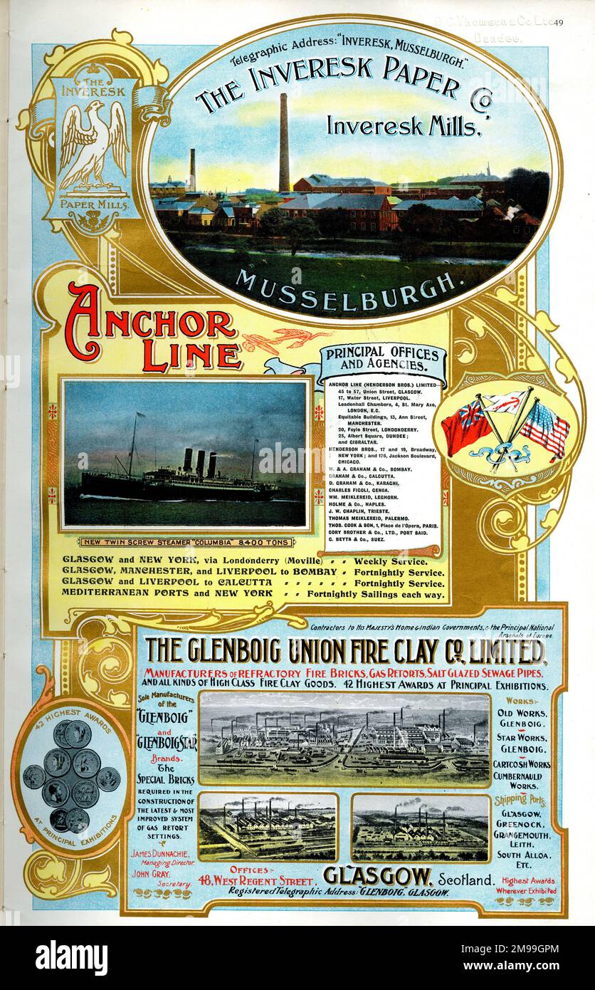 Werbung für Inveresk Paper Co, Musselburgh, Anchor Line Steamers und The Glenboig Union Fire Clay Co Limited, Glasgow, Schottland. Stockfoto