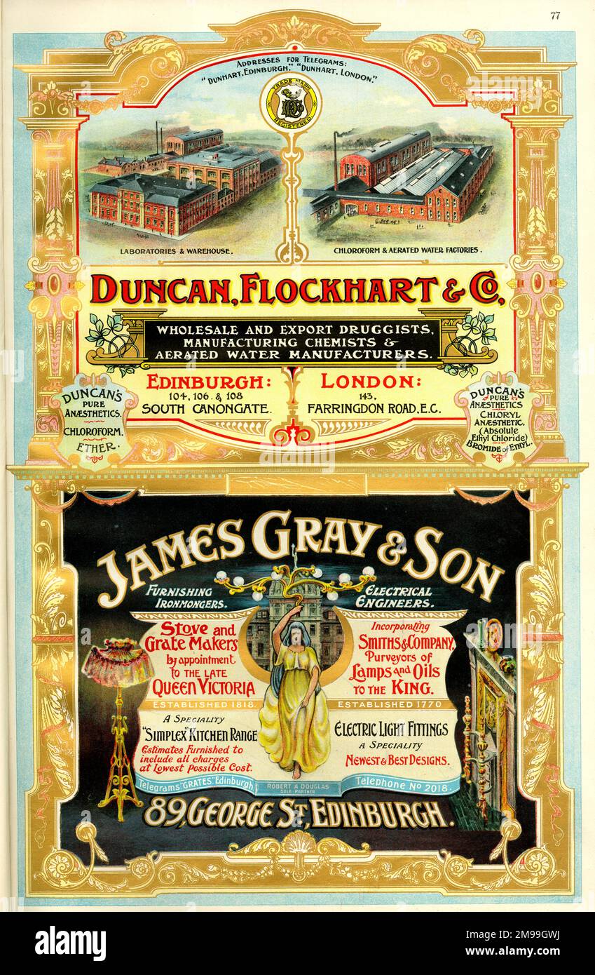 Werbung für Dundan, Flockhart & Co, Druggists and Chemists, Edinburgh und James Gray & Son, Ironmongers, George Street, Edinburgh, Schottland. Stockfoto