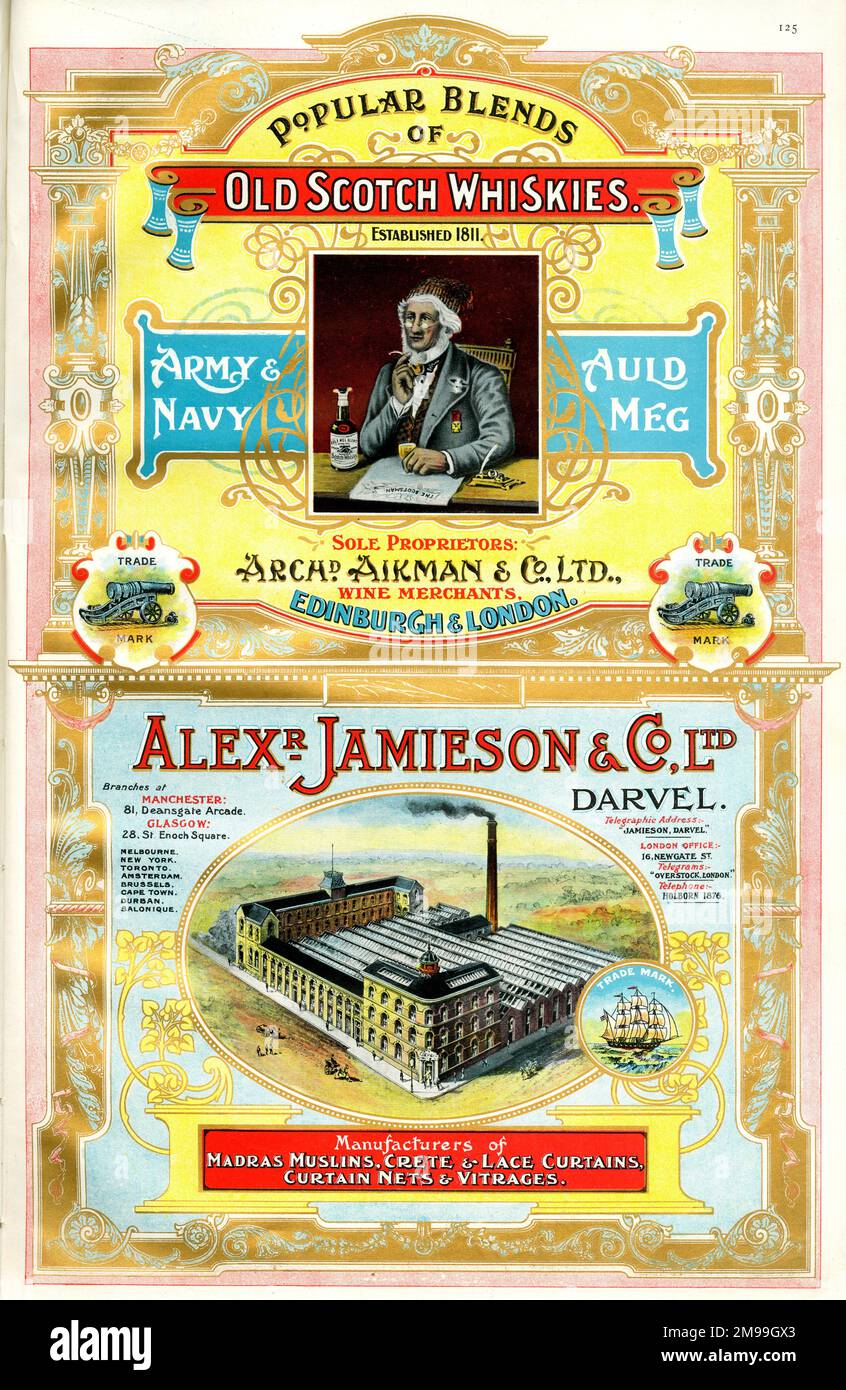 Werbung für Archibald Aikman & Co Ltd, Old Scotch Whiskies, Edinburgh und Alexander Jamieson & Co Ltd, Textilhersteller, Darvel, Schottland. Stockfoto