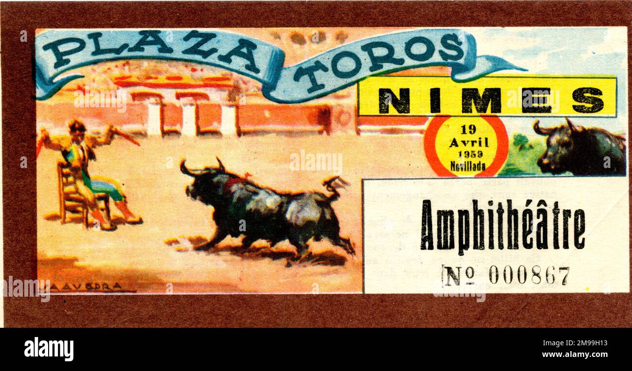 Eintrittskarte für Stierkampf im Amphitheater, Nimes, Frankreich, 19. April 1959. Stockfoto