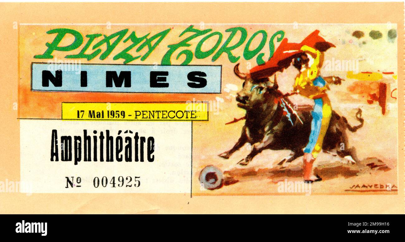 Eintrittskarte für Stierkampf im Amphitheater, Nimes, Frankreich, 17. Mai 1959. Stockfoto