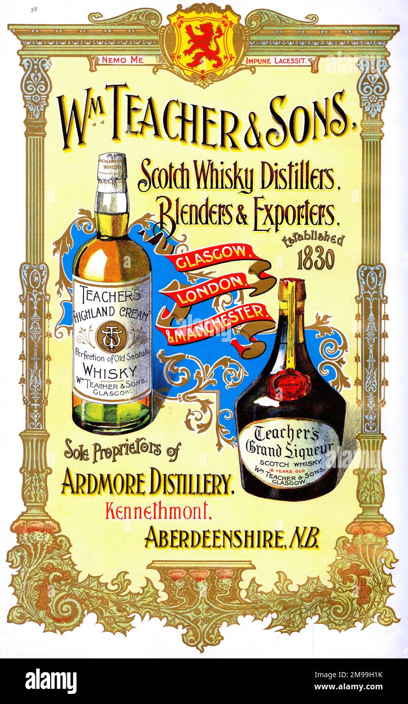Werbung für William Teacher & Sons, Scotch Whisky Distillers, Blenders and Exporters, Ardmore Distillery, Kennethmont, Aberdeenshire, Schottland. Stockfoto