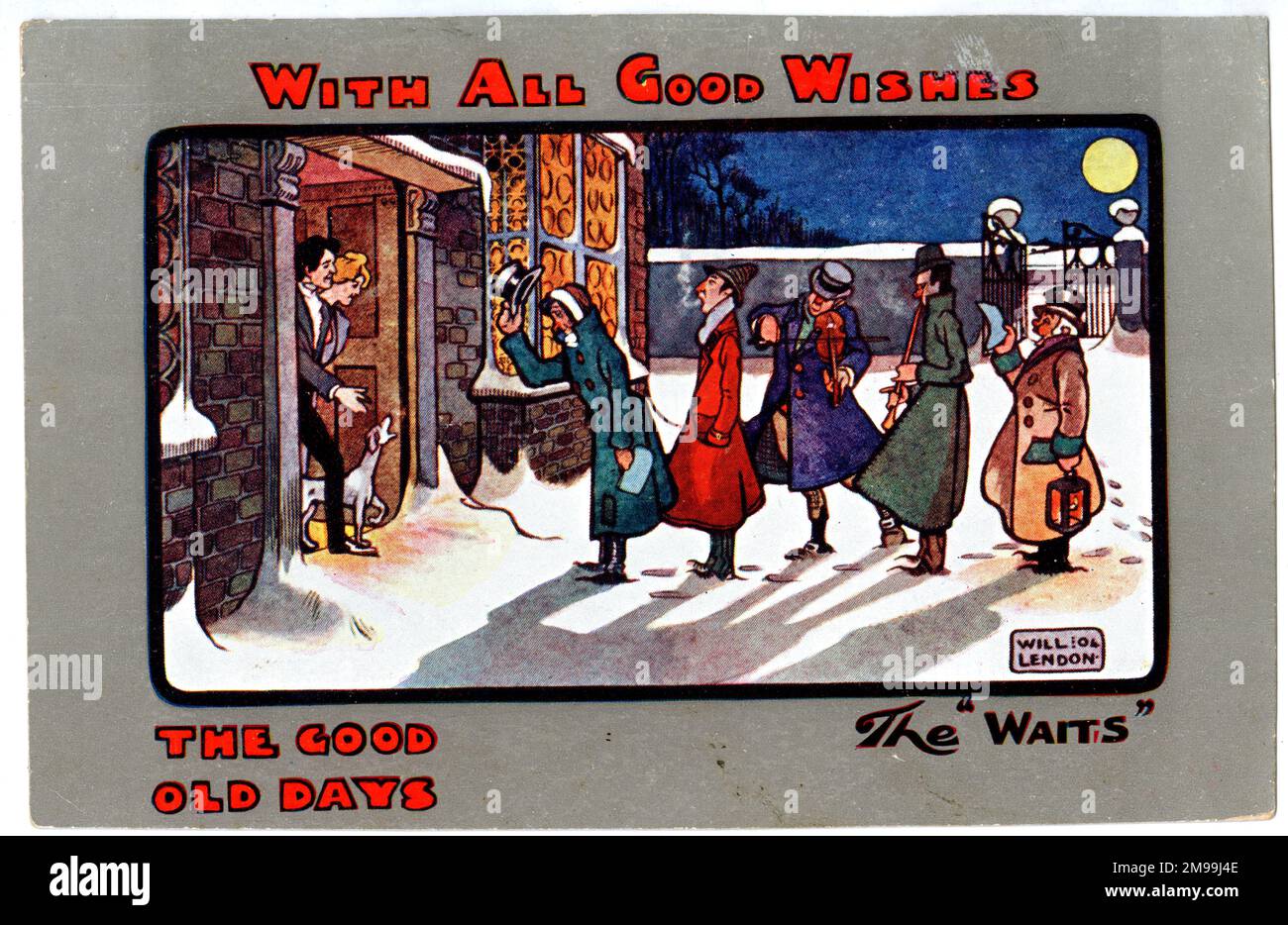 Die Weihnachtspostkarte, die Waits, die guten alten Tage. Stockfoto