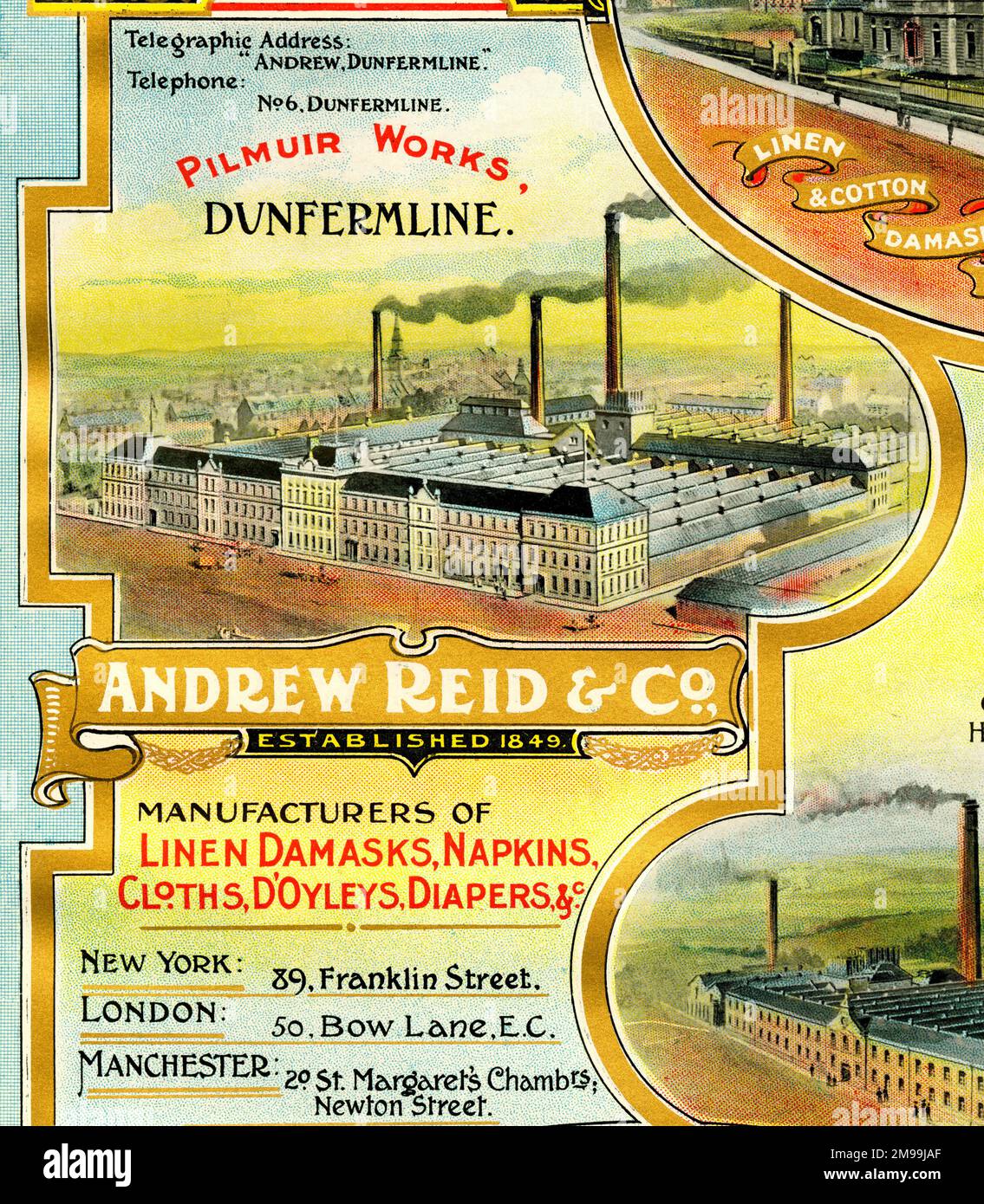 Werbung für Andrew Reid & Co, Leinendamask, Servietten, Tücher, D'Oyleys, Windeln etc., Pilmuir Works, Dunfermline, Schottland. Stockfoto