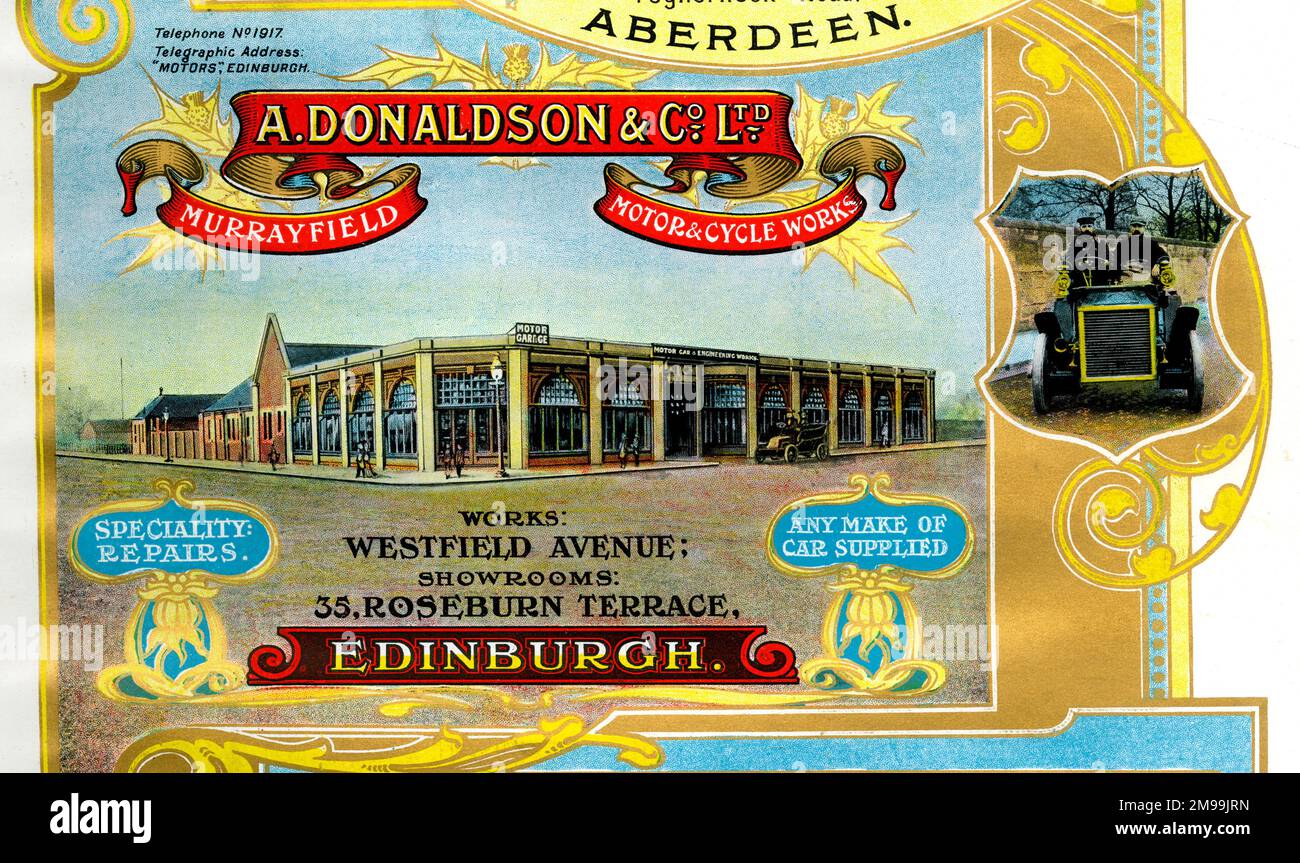 Werbung für A Donaldson & Co Ltd, Motor Cars and Cycles, Westfield Avenue und Roseburn Terrace, Edinburgh, Schottland. Stockfoto