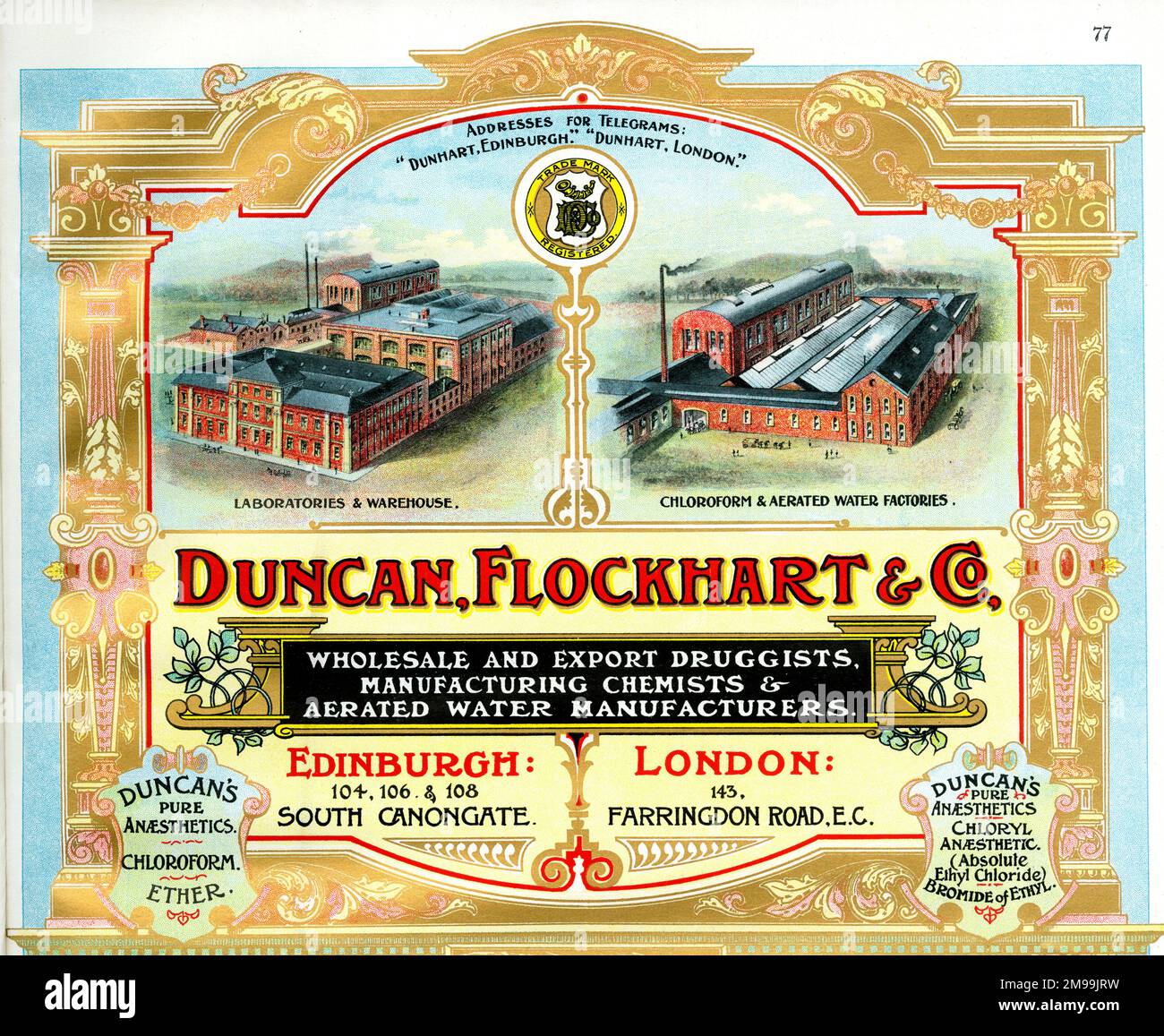 Werbung für Duncan, Flockhart & Co, Druggisten, Chemiker und Hersteller von Porenwasser, Edinburgh, Schottland. Stockfoto