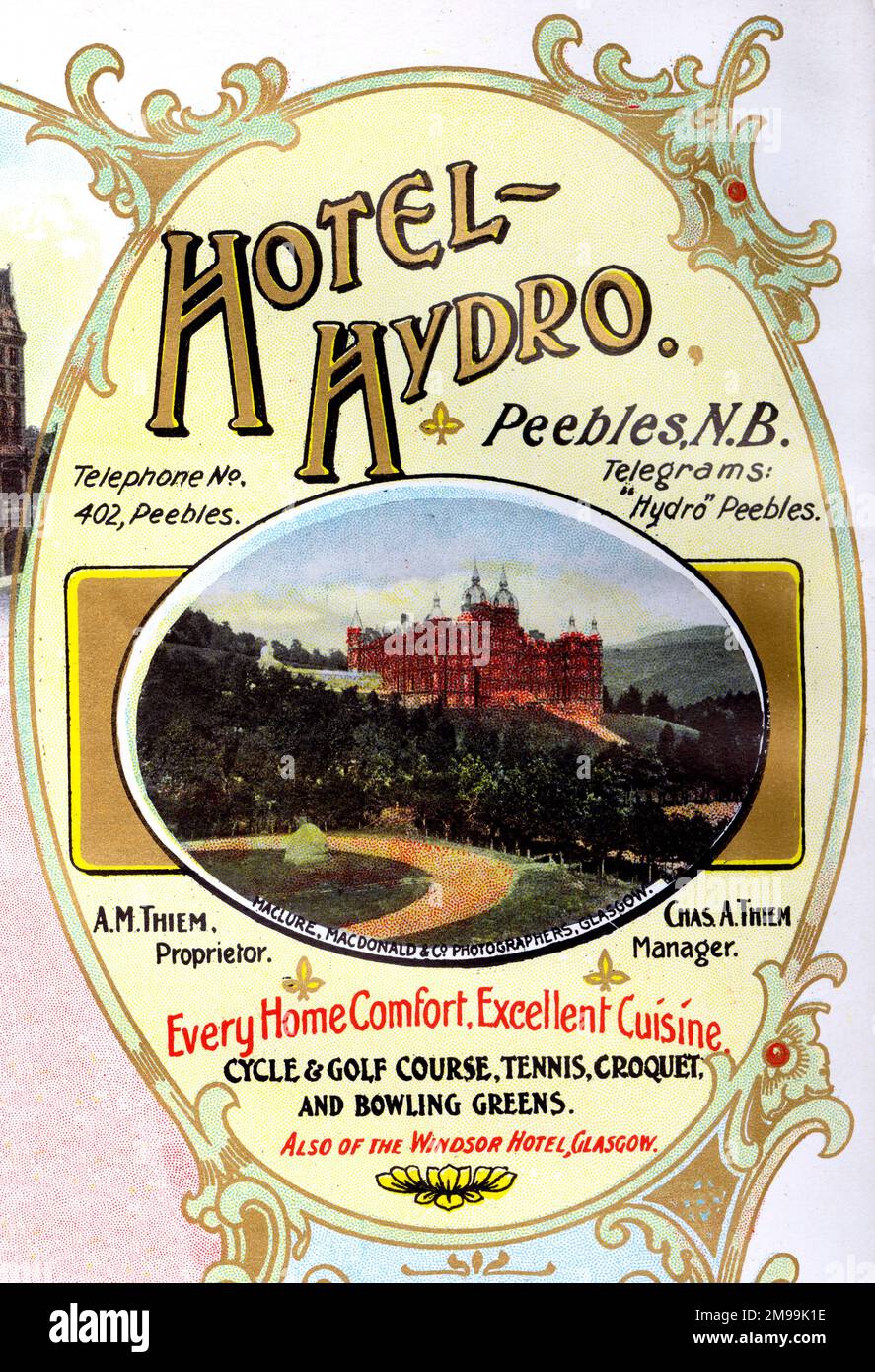 Werbung für Hotel Hydro, Peebles, Scottish Borders, Scotland. Stockfoto