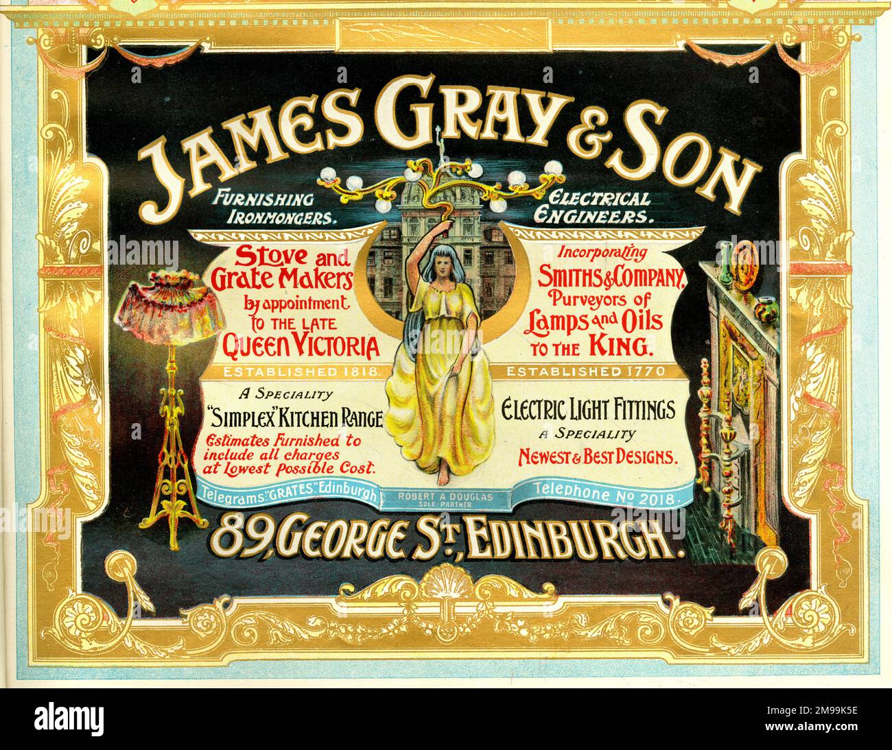 Werbung für James Gray & Son, Herd- und Gittermacher, Küchenherde, elektrische Beleuchtungskörper, George Street, Edinburgh, Schottland. Stockfoto