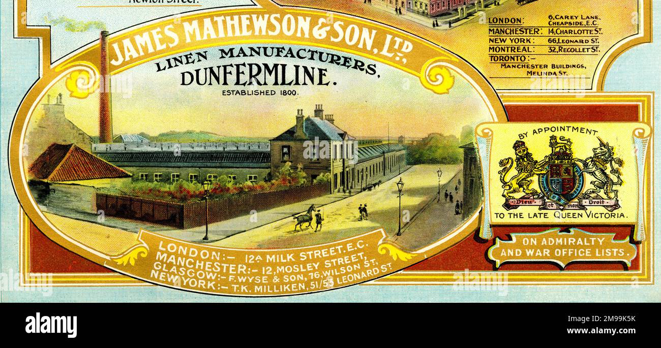 Werbung für James Mathewson & Son Ltd, Linen Manufacturers, Dunfermline, Schottland. Stockfoto