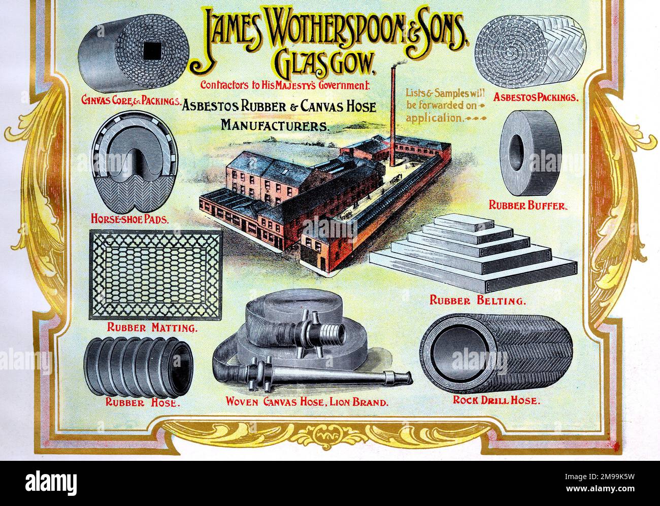 Werbung für James Wotherspoon & Sons, Hersteller von Asbest-, Gummi- und Segelschläuchen, Glasgow, Schottland. Stockfoto