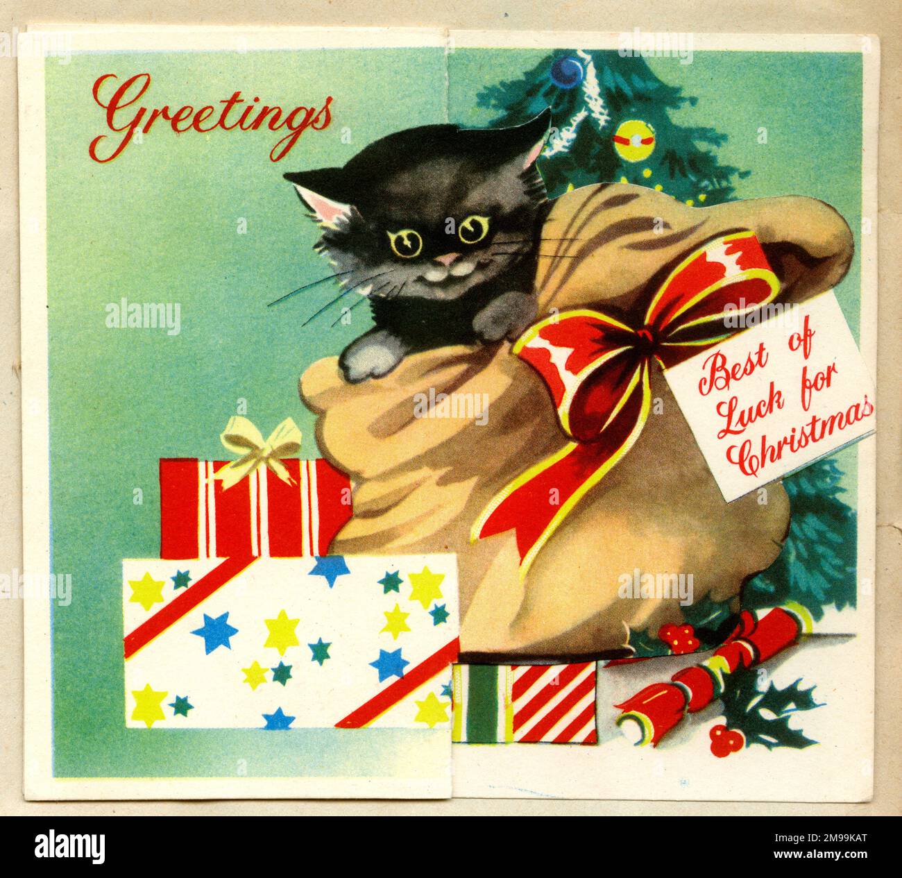 Weihnachtskarte, schwarzes Kätzchen im Sack - viel Glück zu Weihnachten. (Vordere Abdeckung, 1 von 2) Stockfoto