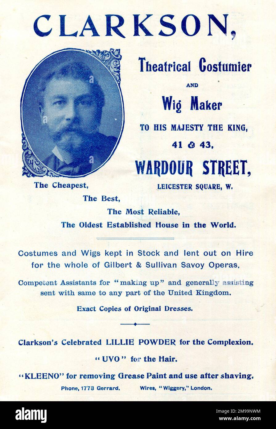 Werbung, William Berry (Willy) Clarkson, Wigs und Theaterkostümdesigner. Stockfoto